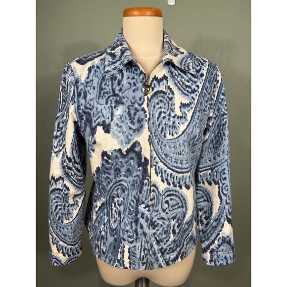 St. John Jacket Sport Women's Medium P Made in USA Cotton Blue Paisley Full Zip - Picture 11 of 13